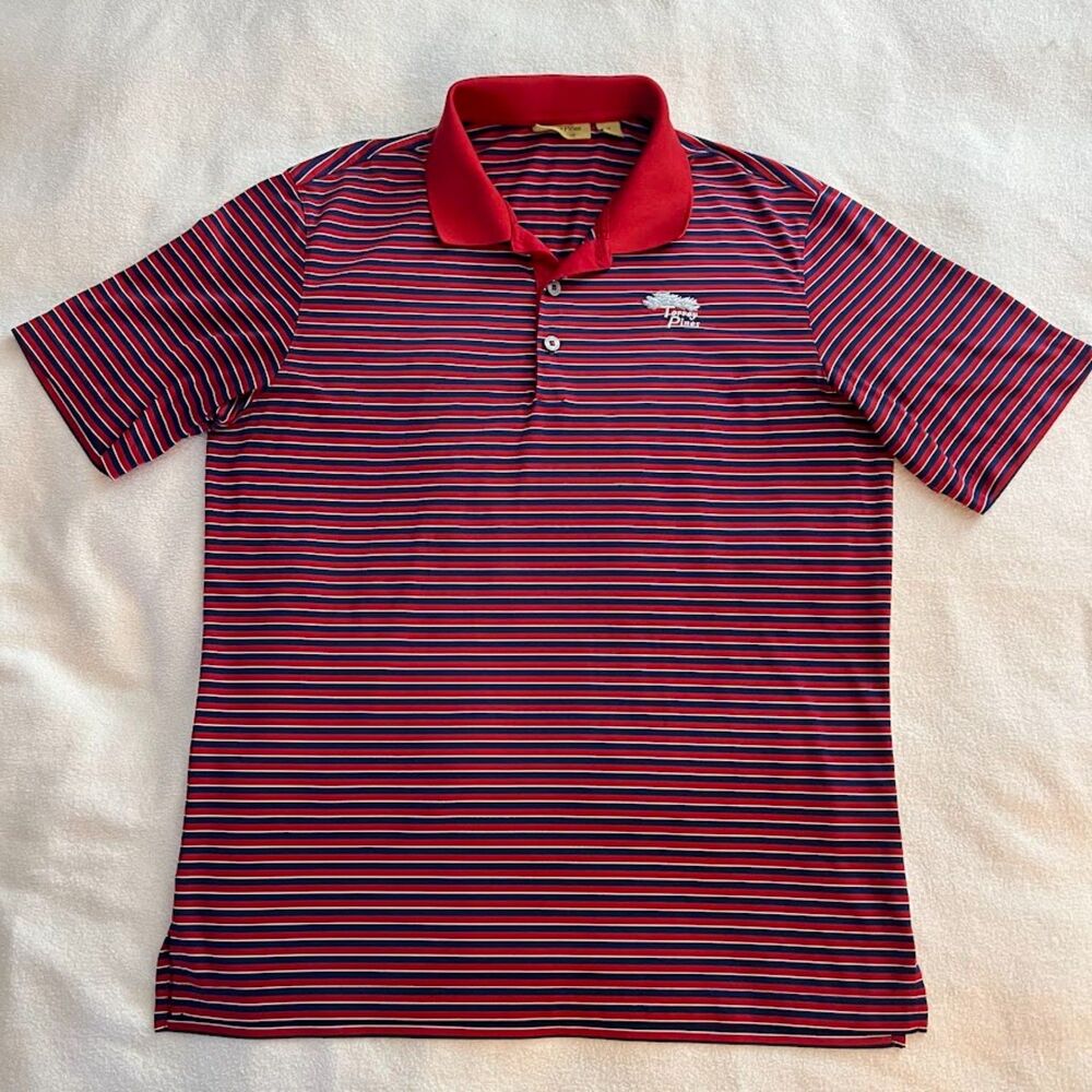 Adidas Torrey Pines Collection Men's Striped Golf Polo Shirt Red Navy Blue, Med